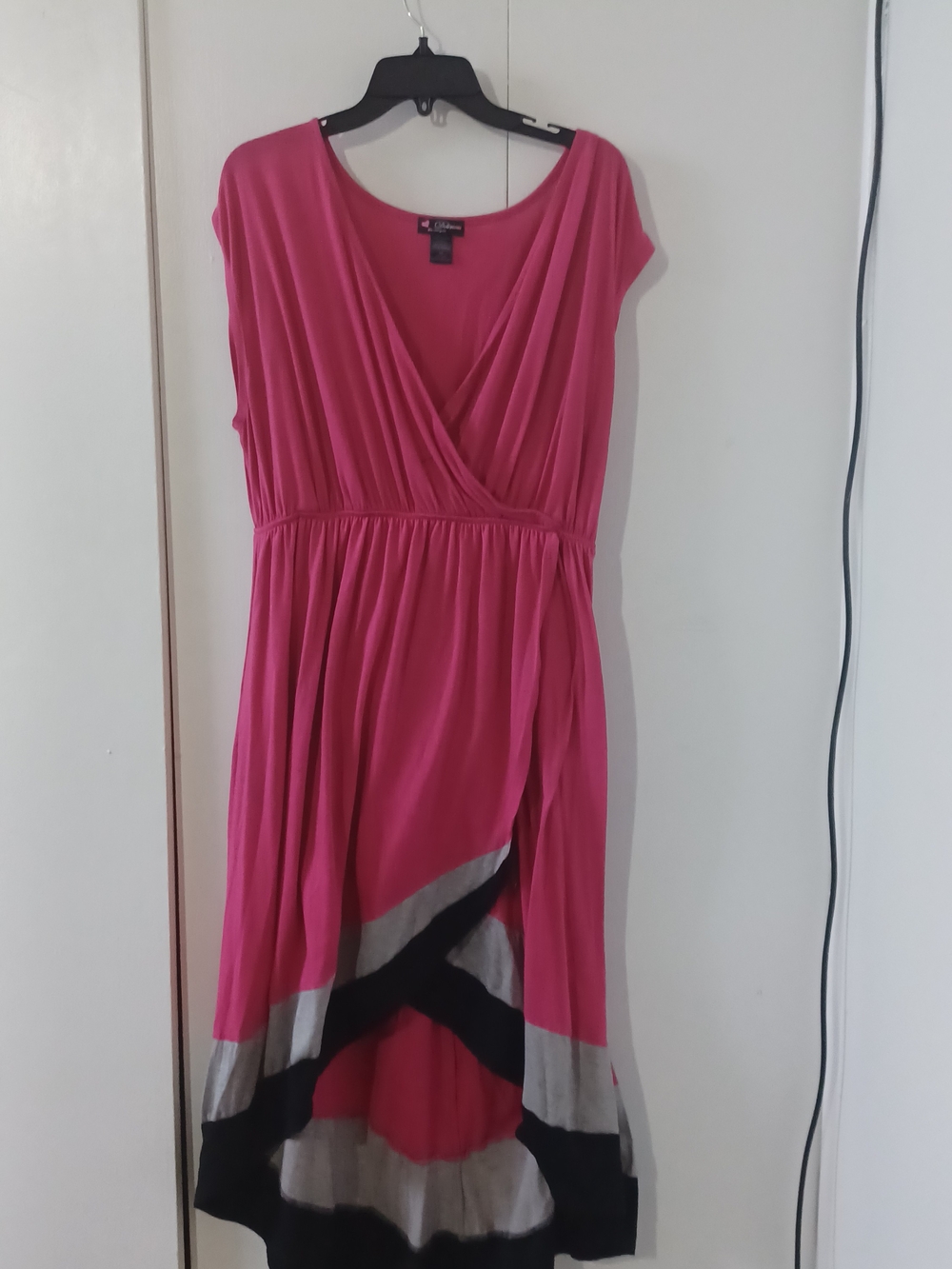 Delirious Fuchsia Surplice Maxi Dress with Black & Gray Hem